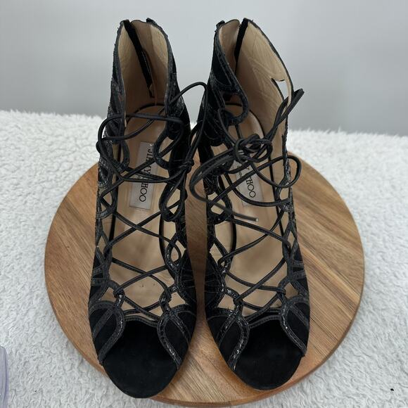 Jimmy Choo Heel Womens 8.5 Black Leather Lace up Peep Toe Snake Skin Gladiator - Picture 7 of 10